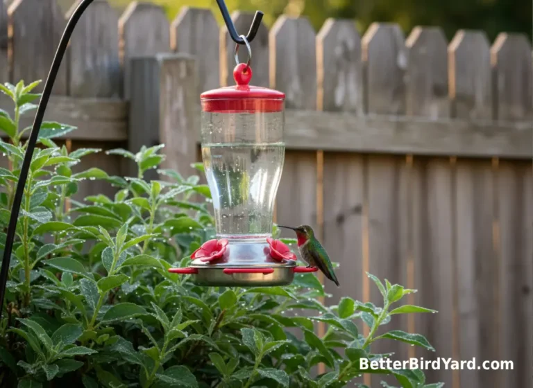 A hummingbird perches at a clean feeder in soft morning light near backyard shrubs.