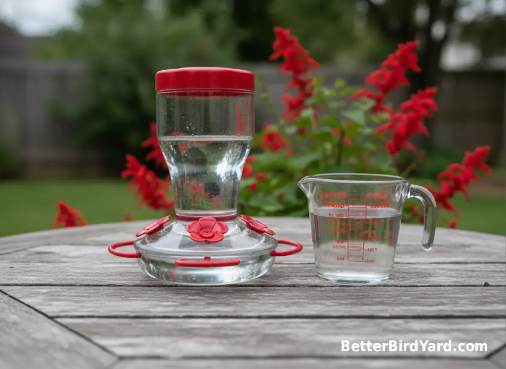 A clean hummingbird feeder sits beside fresh flowers and clear sugar water on a patio table.