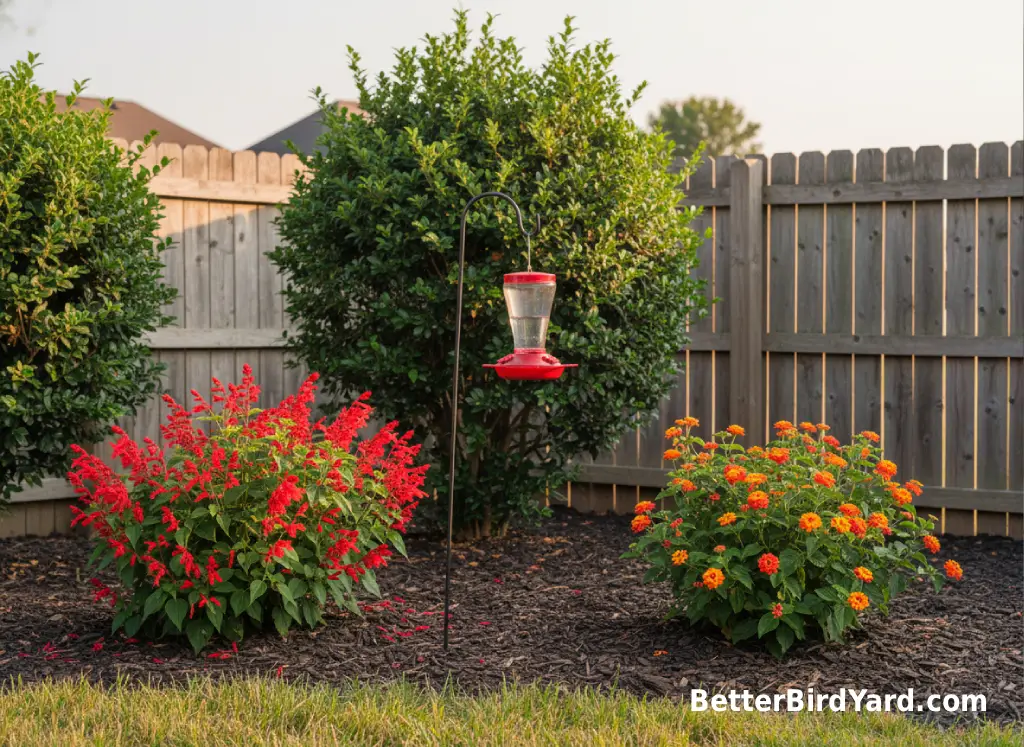 A small backyard corner has a clean hummingbird feeder, blooming flowers, and leafy shrubs.