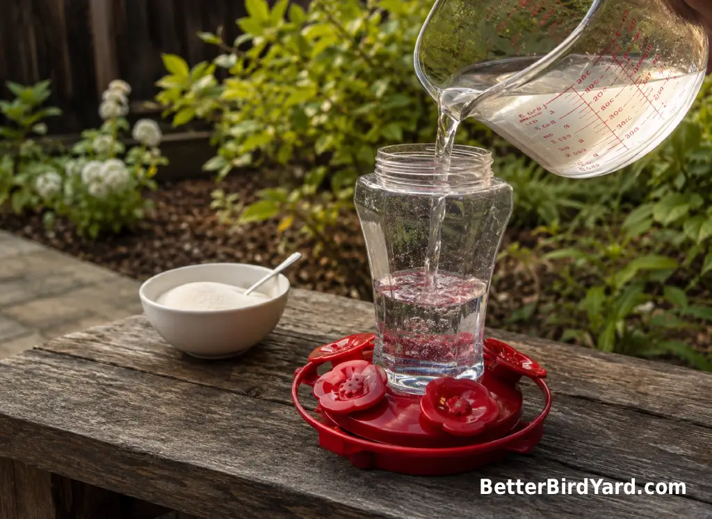 A clean hummingbird feeder is filled with clear sugar water on a backyard patio table.