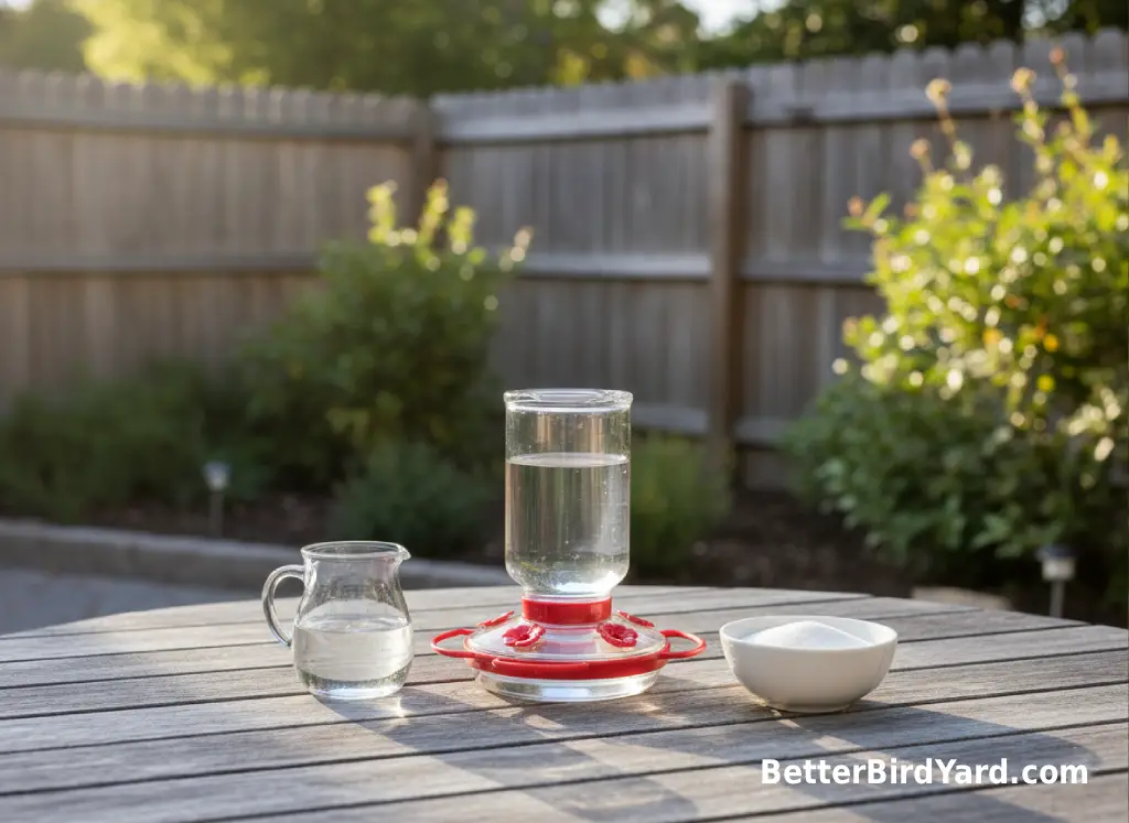 A clear hummingbird feeder sits beside plain white sugar and water in a patio garden.