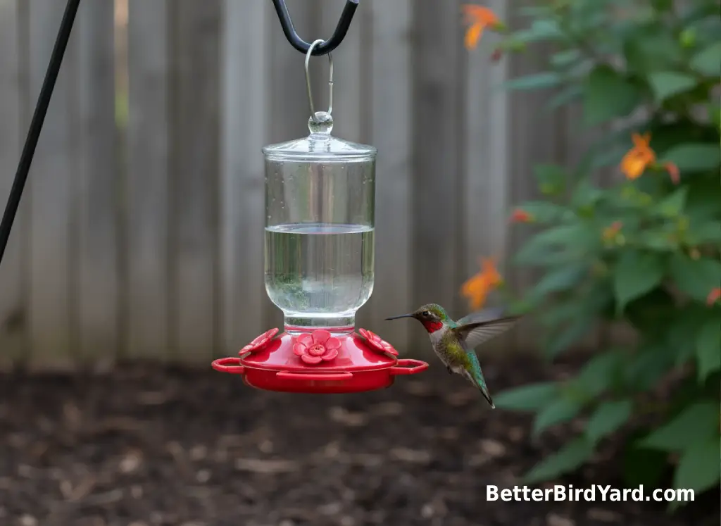 A clean hummingbird feeder hangs in light shade near native flowers on a small patio.