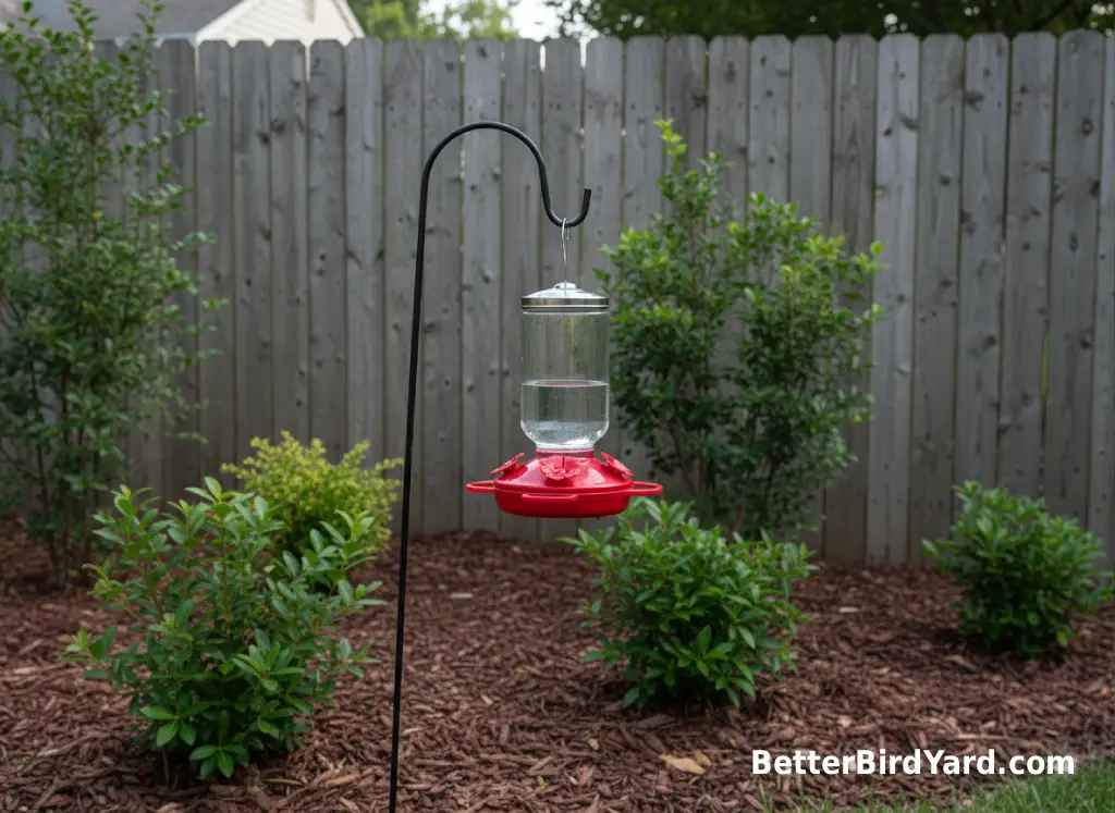 A small clean hummingbird feeder hangs in shade with fresh clear nectar in a backyard garden.