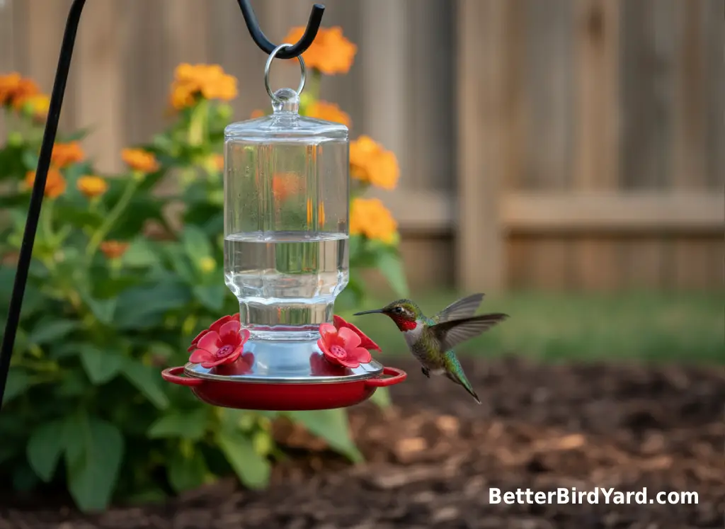 A clean red-accent hummingbird feeder hangs beside native flowers in a backyard garden.