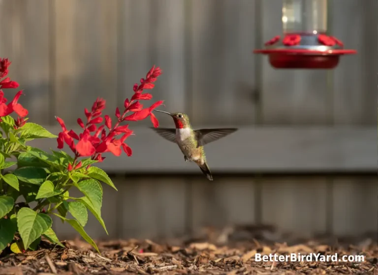 A ruby-throated hummingbird hovers beside red tubular flowers in a backyard garden.