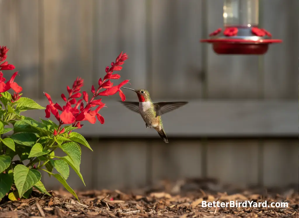 A ruby-throated hummingbird hovers beside red tubular flowers in a backyard garden.