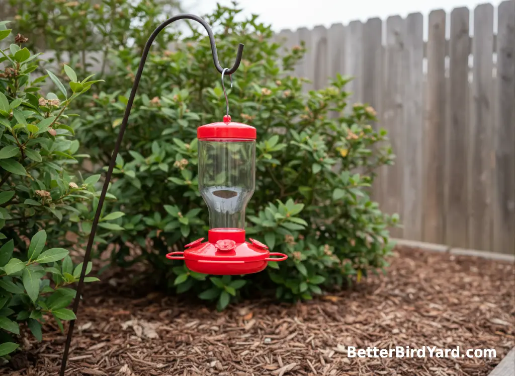 A clean empty hummingbird feeder hangs beside native shrubs in a backyard bed.