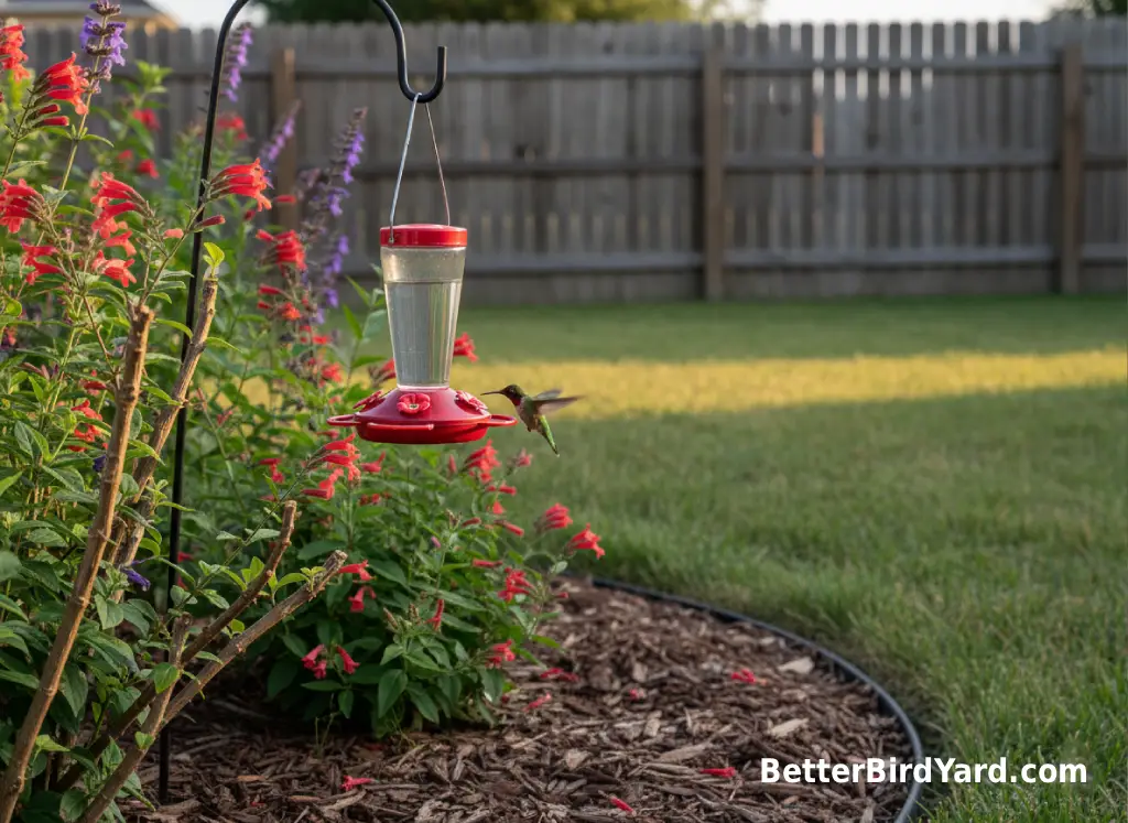 A hummingbird approaches a clean feeder beside native flowers in a backyard.