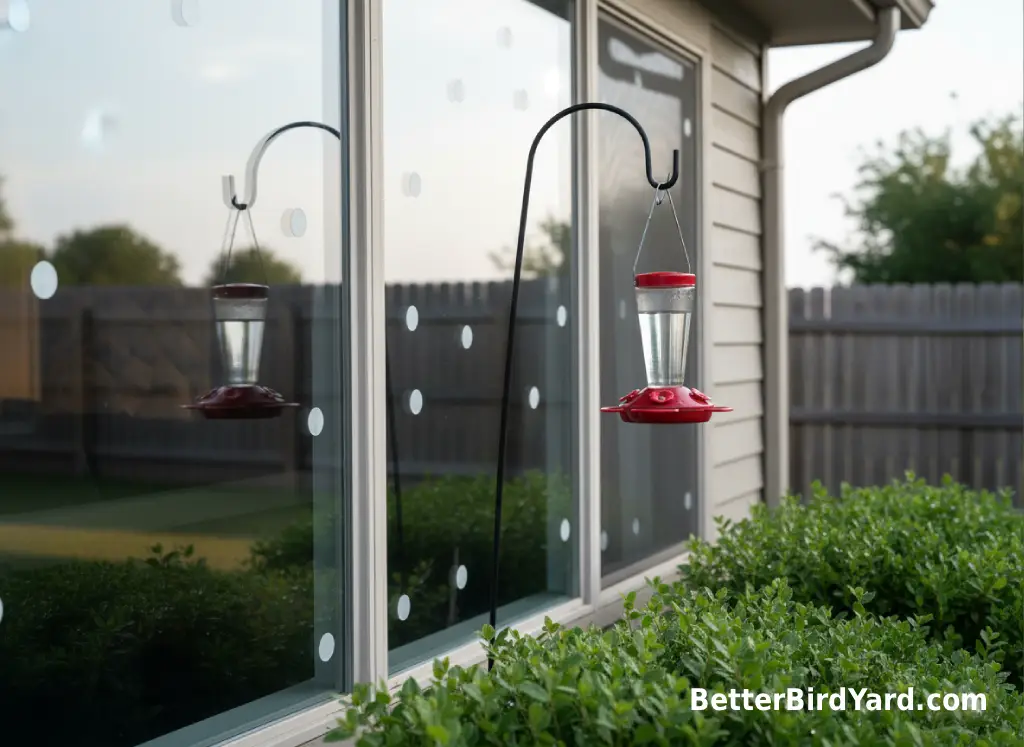 Bird-safe window decals are visible near a hummingbird feeder outside a backyard window.