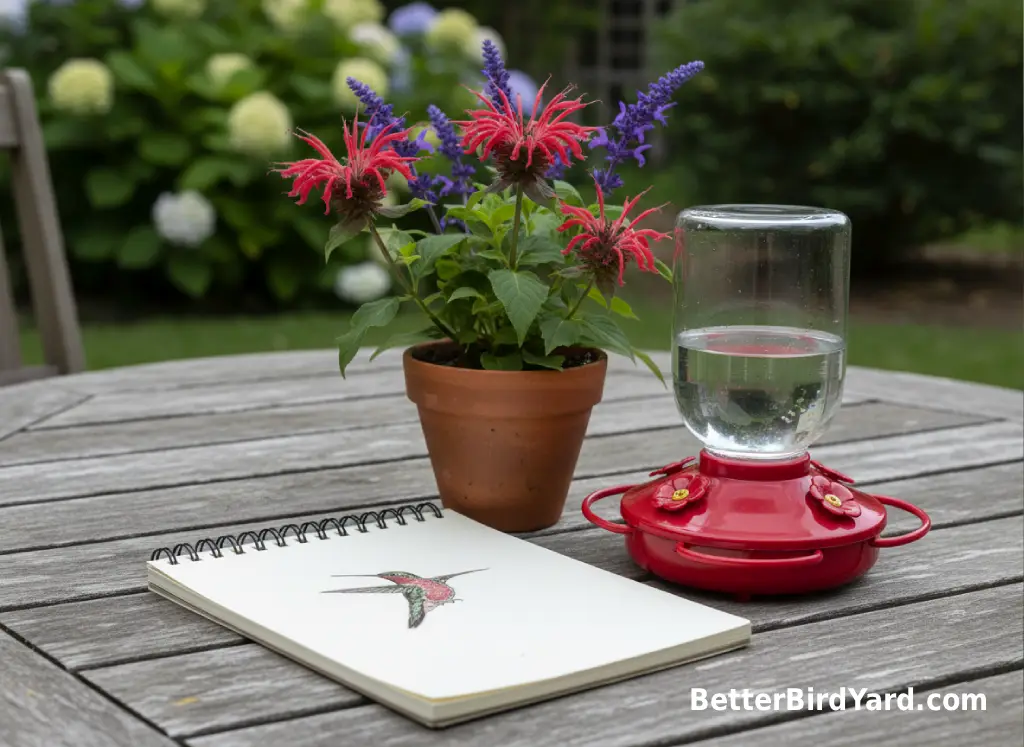 A backyard birding notebook sits beside a hummingbird feeder and small flowering plant.