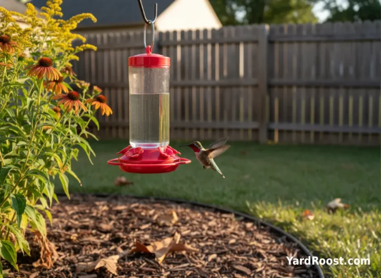 A clean red hummingbird feeder hangs beside autumn native flowers in a small backyard garden.