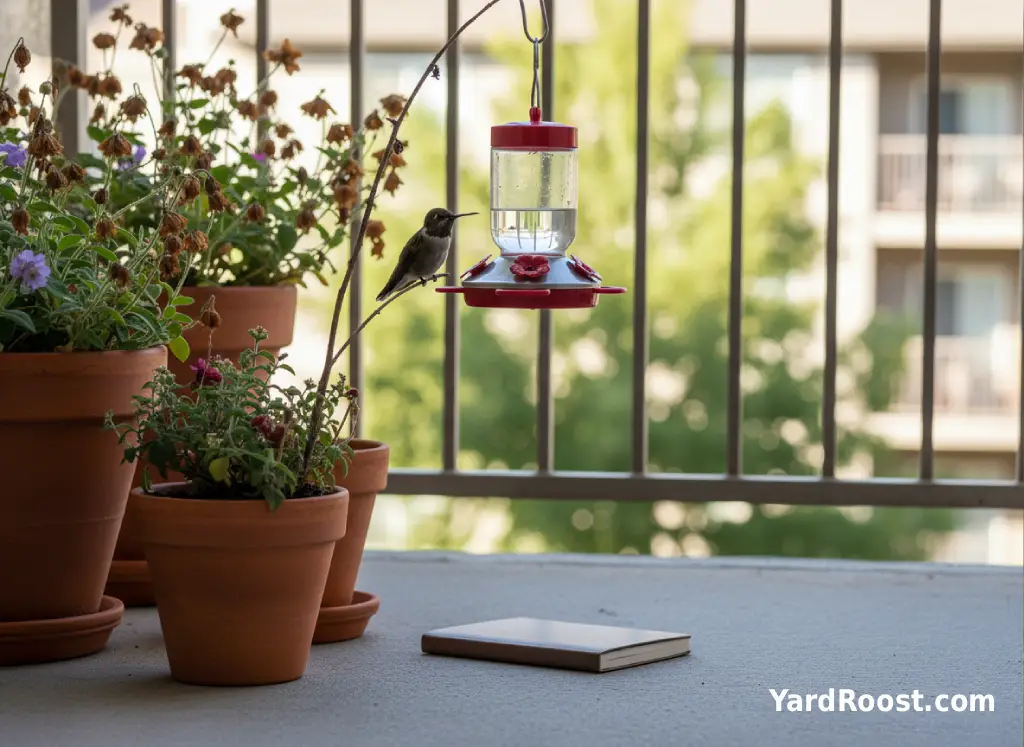 A small patio hummingbird feeder hangs near fading late-summer flowers and a notebook.