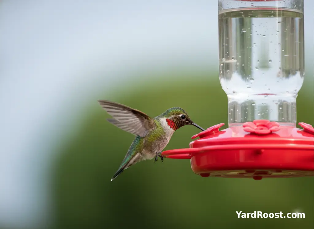 A Ruby-throated Hummingbird hovers beside a feeder with open sky behind it.