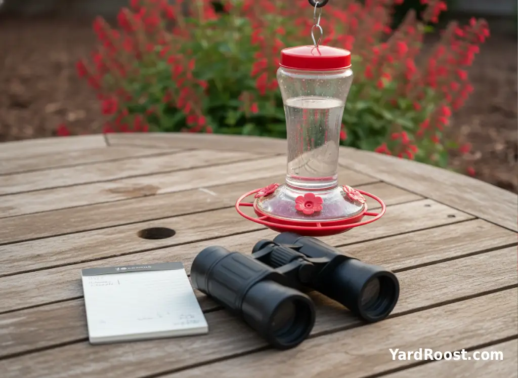 A small backyard notebook records hummingbird sightings beside a clean feeder and binoculars.