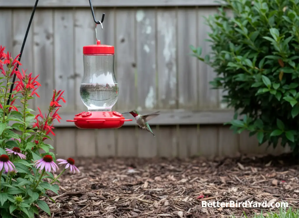 A clean hummingbird feeder hangs beside native flowers with one hummingbird hovering nearby.