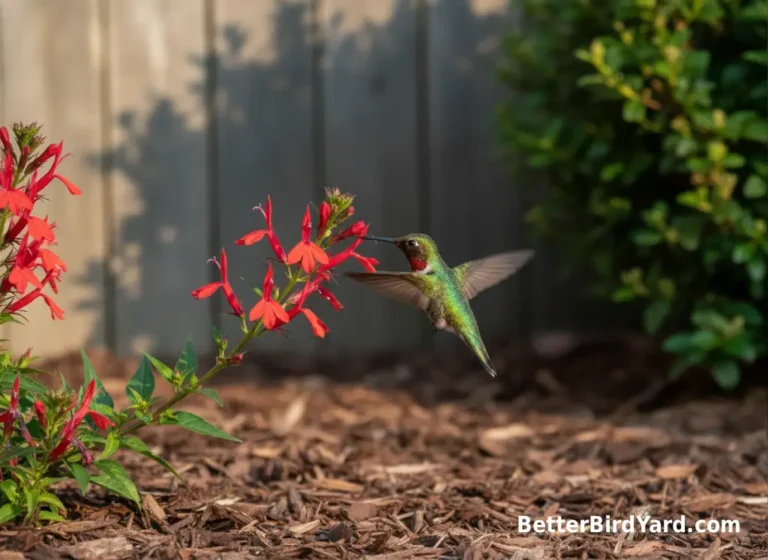 A hummingbird feeds from red tubular flowers in a backyard garden bed.