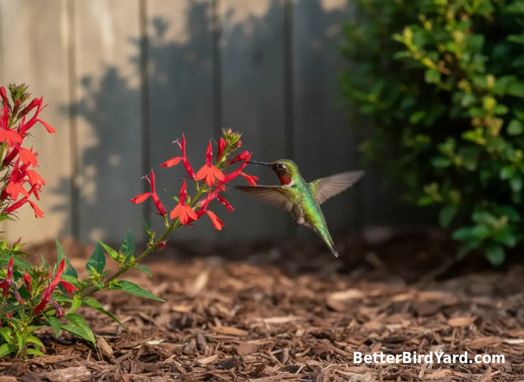 A hummingbird feeds from red tubular flowers in a backyard garden bed.