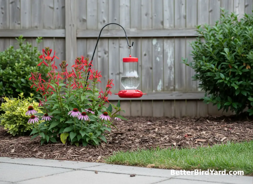 Native flowers and shrubs grow beside a clean hummingbird feeder in a small backyard garden.