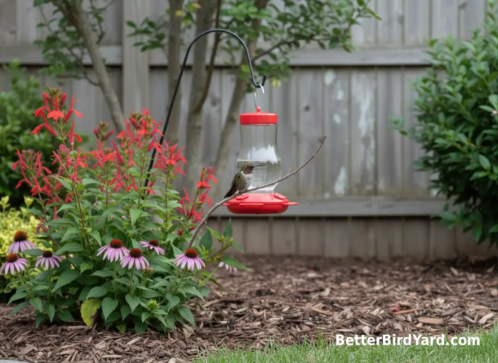 A hummingbird perches on a thin branch near shrubs and a patio feeder.