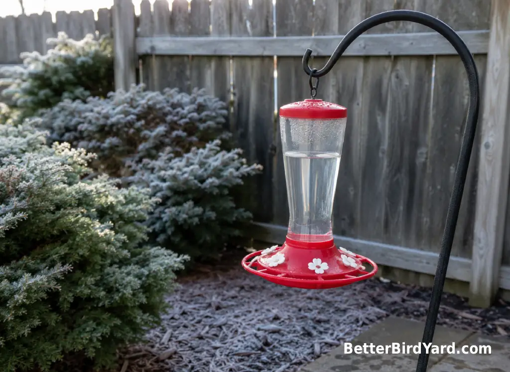 A clean hummingbird feeder hangs in partial shade near flowers and away from a window.