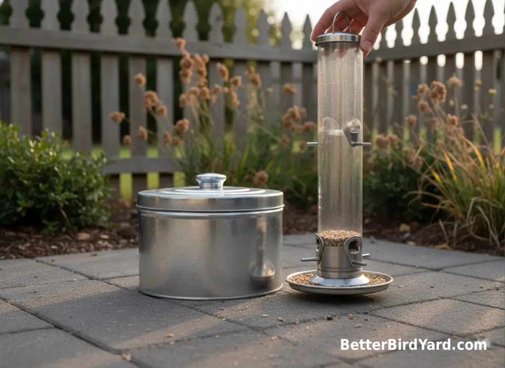 A clean bird feeder sits beside a lidded metal storage container on a patio at dusk.