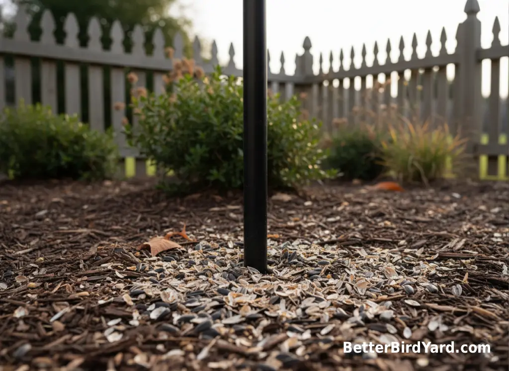 Scattered bird seed and hulls collect under a backyard feeder pole near mulch.