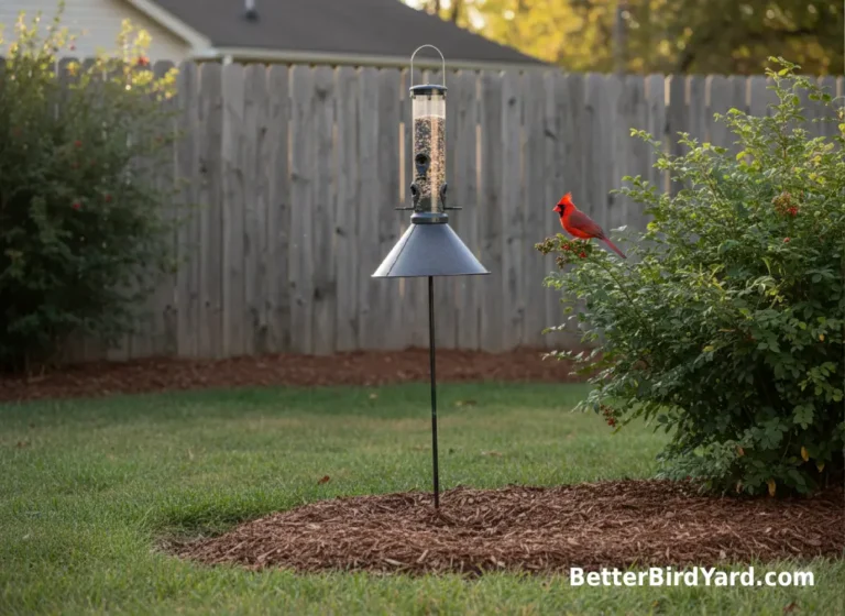 A baffle-protected bird feeder pole stands away from fences, branches, and other jump points.