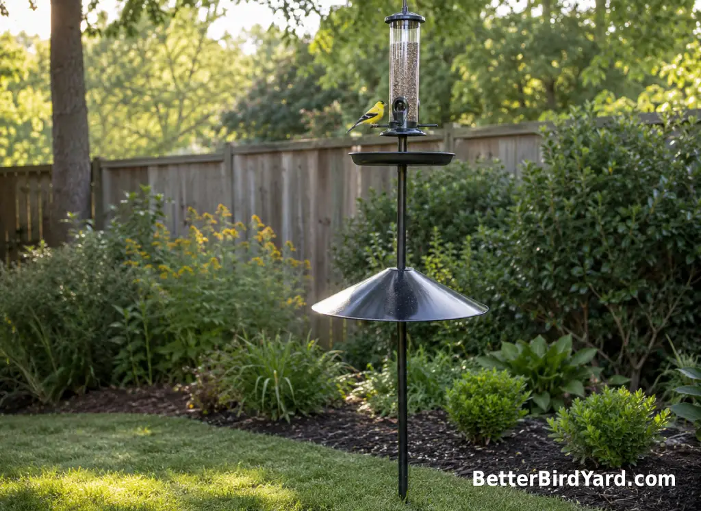 A raccoon-resistant bird feeding station uses a pole baffle, seed tray, and clean ground area.