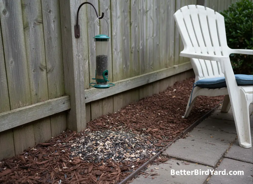 A bird feeder hangs near a fence with spilled seed on the ground below.
