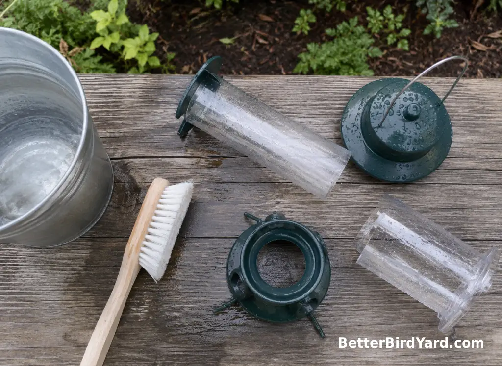 A bird feeder, scrub brush, and rinse bucket are arranged for cleaning on an outdoor work surface.