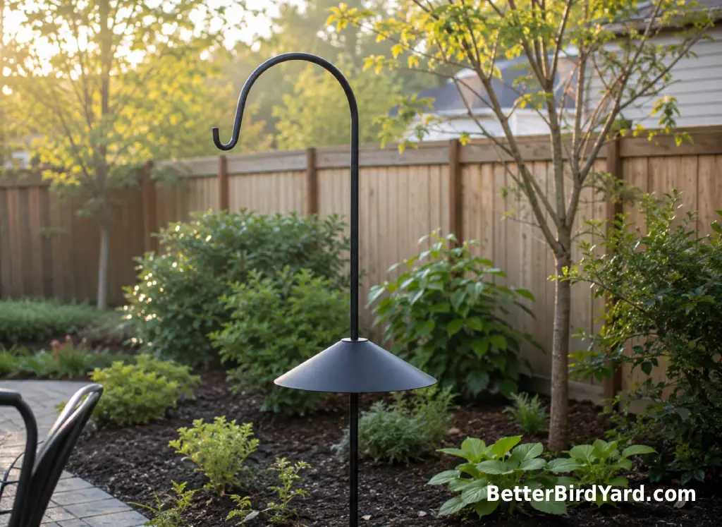 An empty feeder hook and clean baffle pole stand in a quiet backyard after feeders were removed.