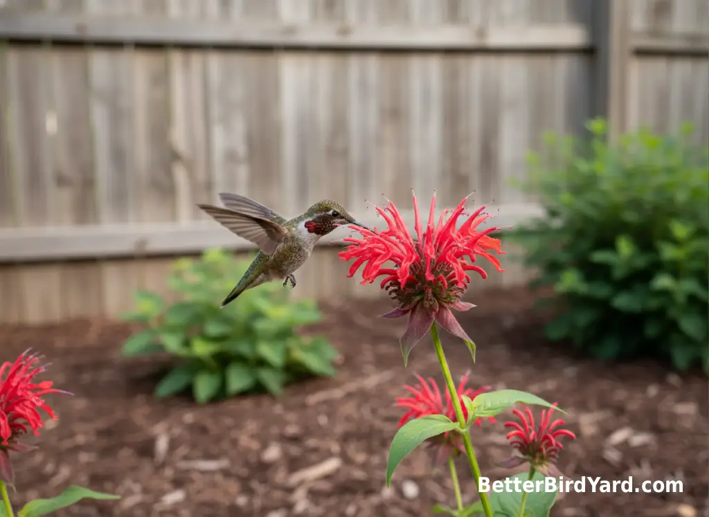 A ruby-throated hummingbird feeds from red bee balm flowers in a backyard garden.