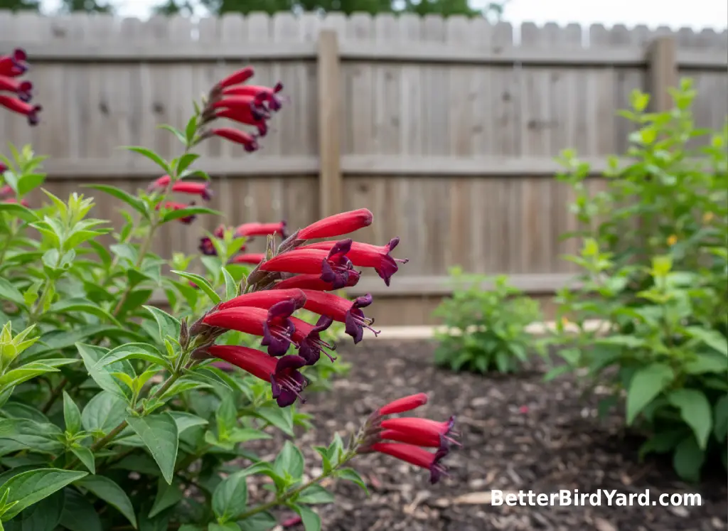 Red and purple tubular flowers bloom beside a backyard fence.