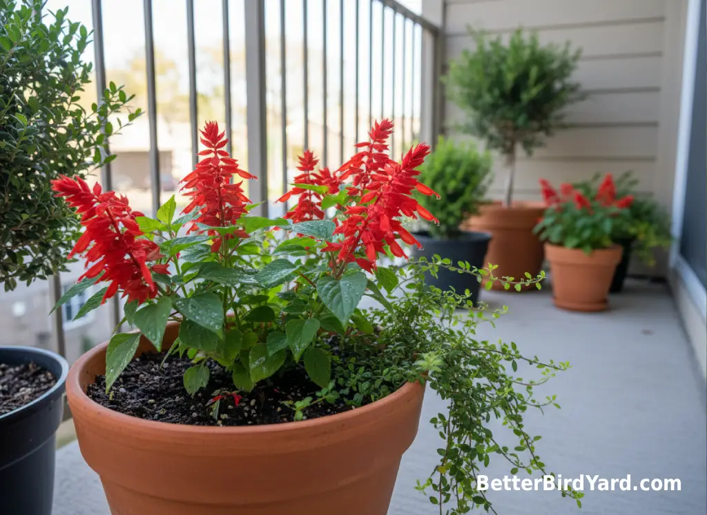 Potted red salvia and trailing flowers sit on a small patio near native shrubs.
