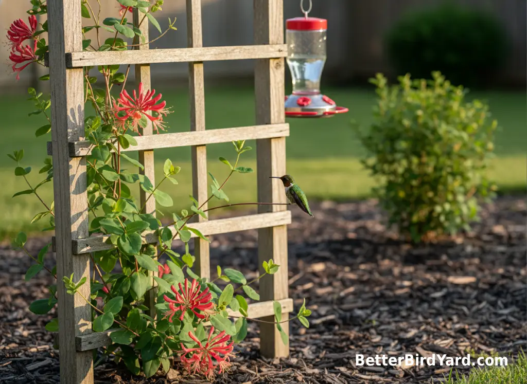 Coral honeysuckle climbs a backyard trellis beside a clean hummingbird feeder.