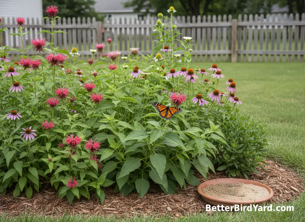 Bee balm, milkweed, and coneflowers grow in a backyard pollinator bed with a butterfly nearby.