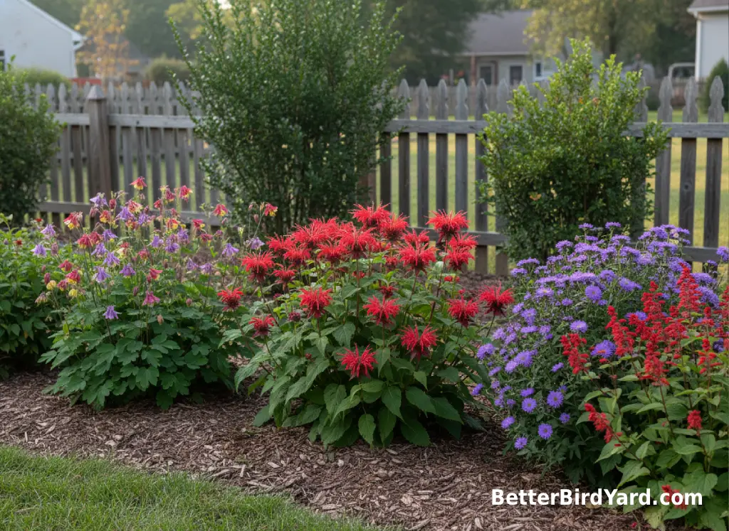 Spring, summer, and fall flower clusters grow in a backyard hummingbird garden.