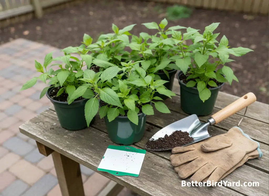 A backyard potting bench holds a native plant, gloves, and a hand trowel.