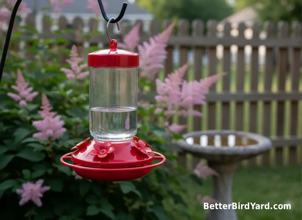 A clean red hummingbird feeder hangs near flowers and shrubs in a shaded backyard corner.