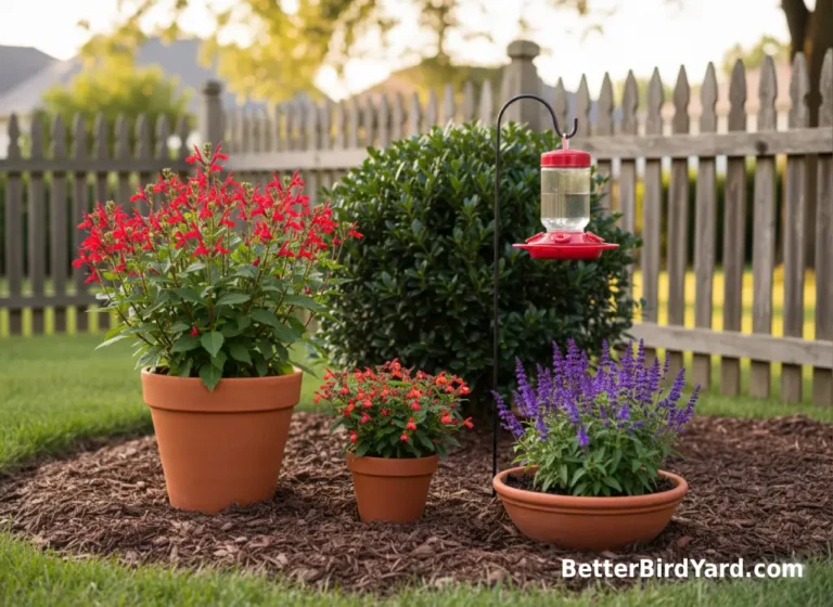 Three hummingbird-friendly plants are grouped beside a clean feeder in a small backyard corner.