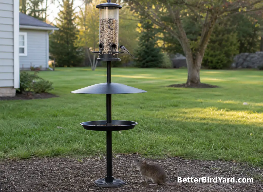 A pole-mounted bird feeder with a metal baffle stands over a clean mulched garden bed.