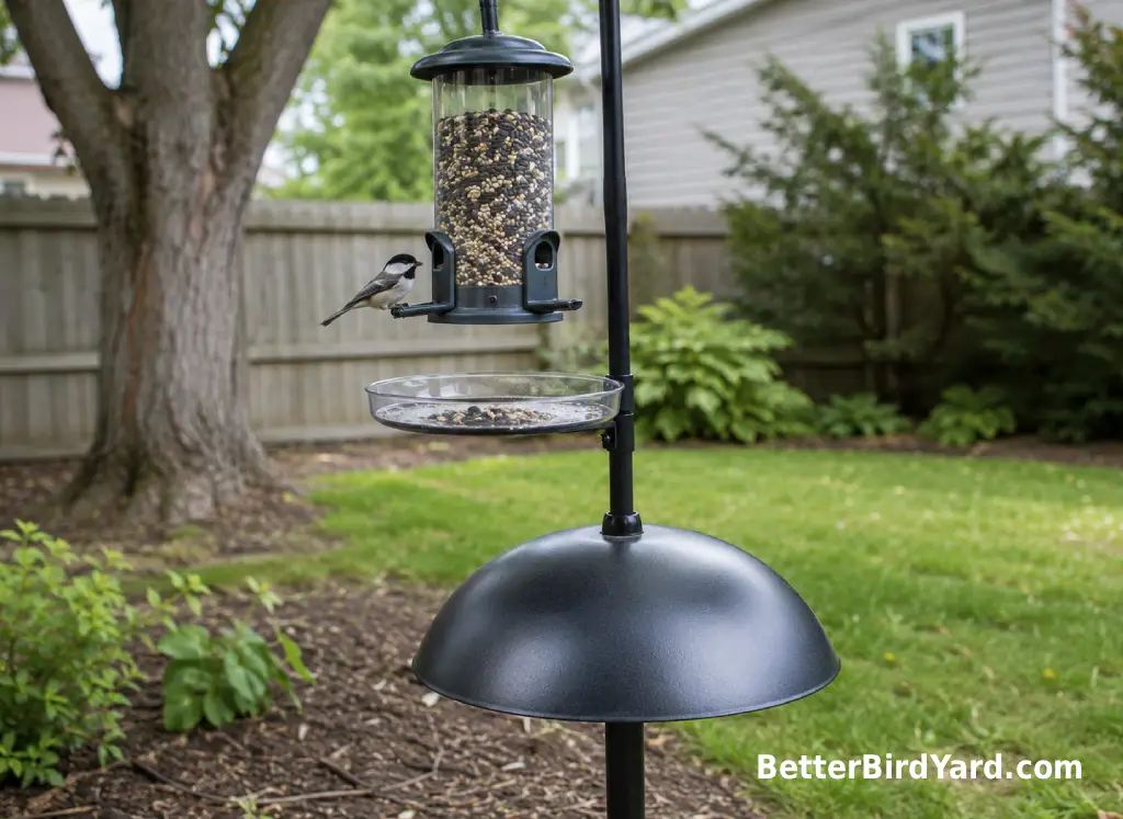A metal mesh bird feeder with a seed tray hangs from a sturdy pole in a tidy backyard.