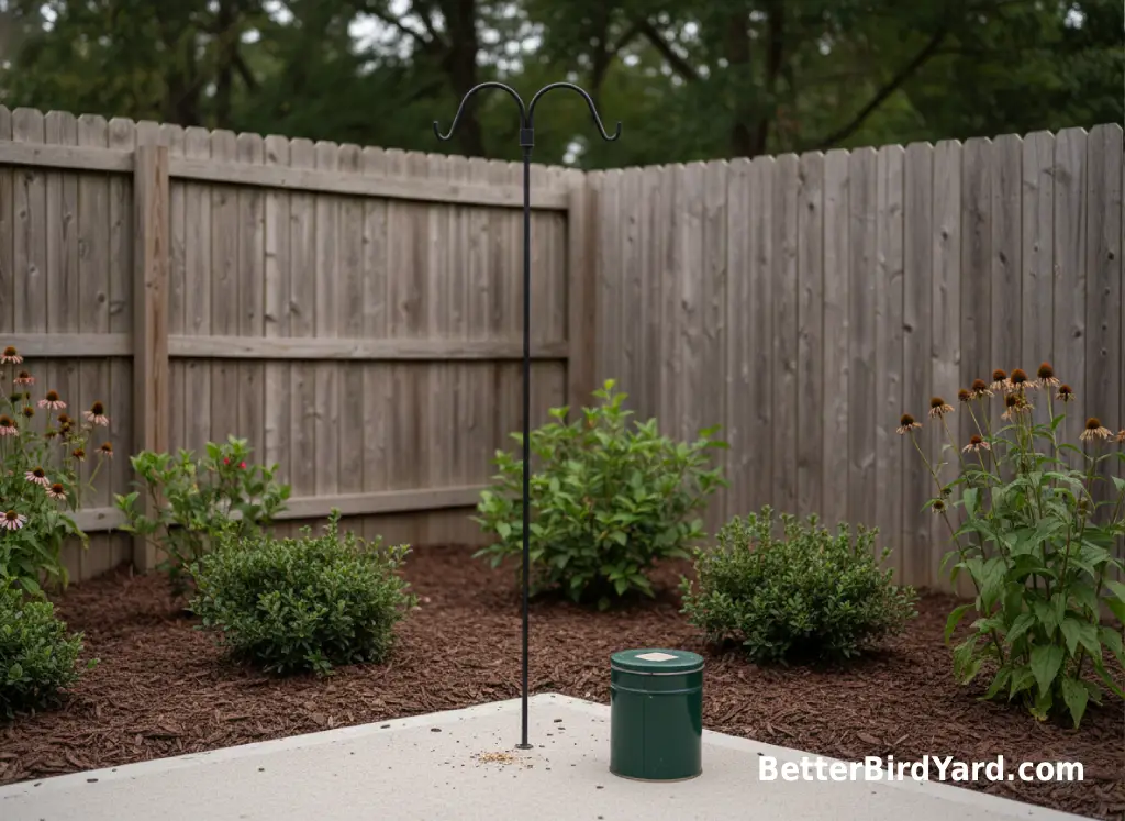 An empty bird feeder pole and swept patio show a paused backyard feeding station.