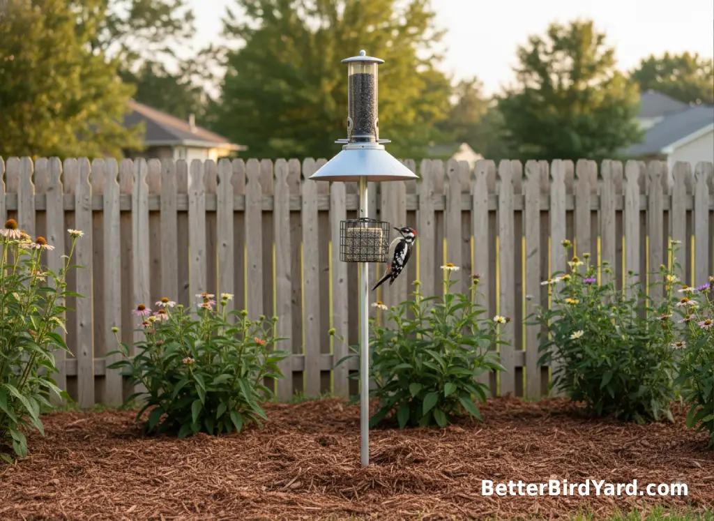A tidy backyard bird feeding station has a baffled pole, low-spill feeder, and clean ground.