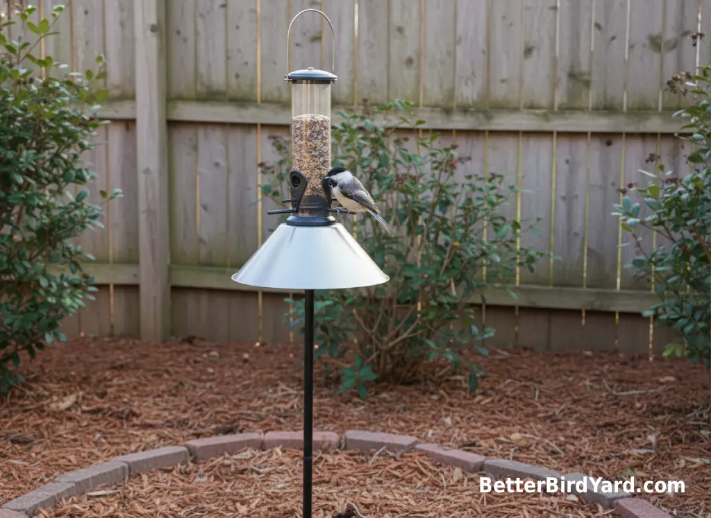A chickadee perches on a tube feeder protected by a metal squirrel baffle.