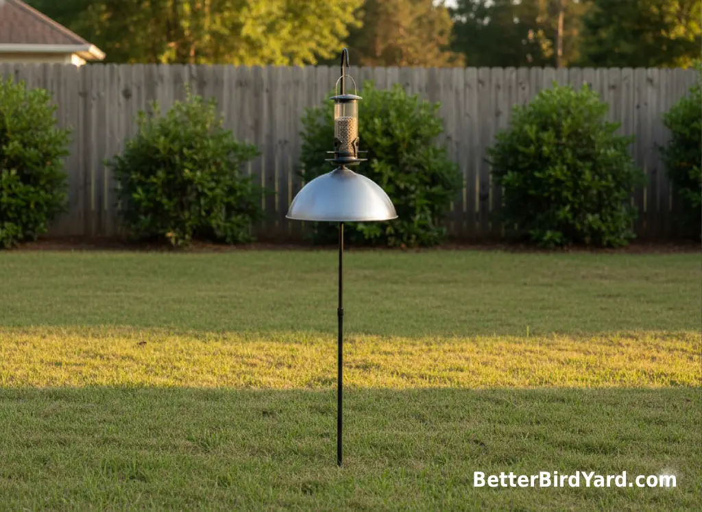 A baffled bird feeding pole stands in an open lawn away from nearby jump points.
