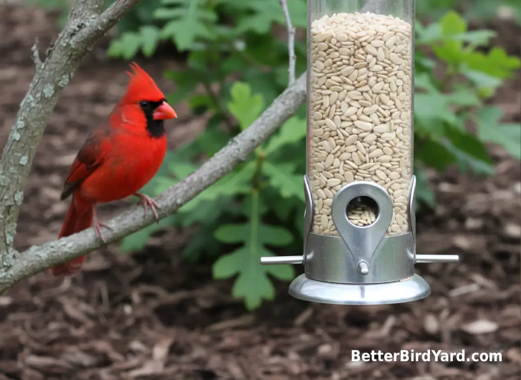 A tube feeder filled with safflower seed stands near a perched cardinal.