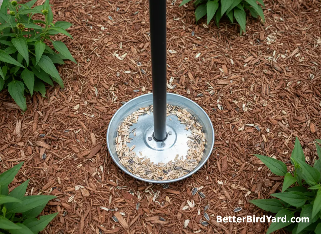 A seed tray catches fallen hulls below a backyard bird feeder.