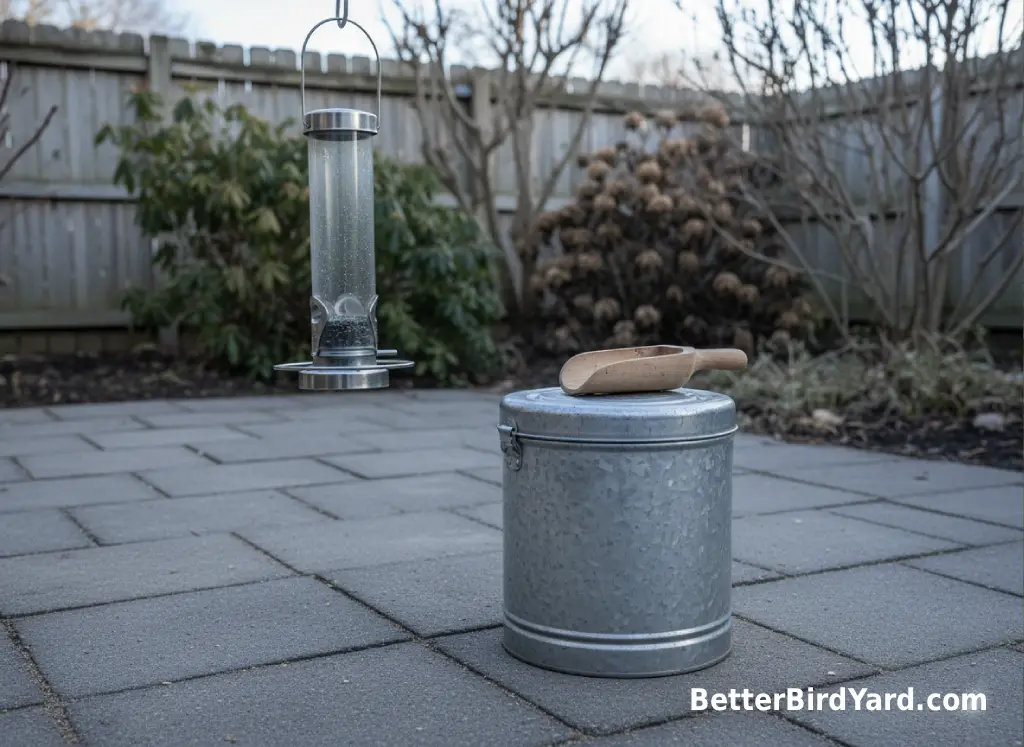 A clean feeder sits beside a sealed metal seed storage can on a patio.