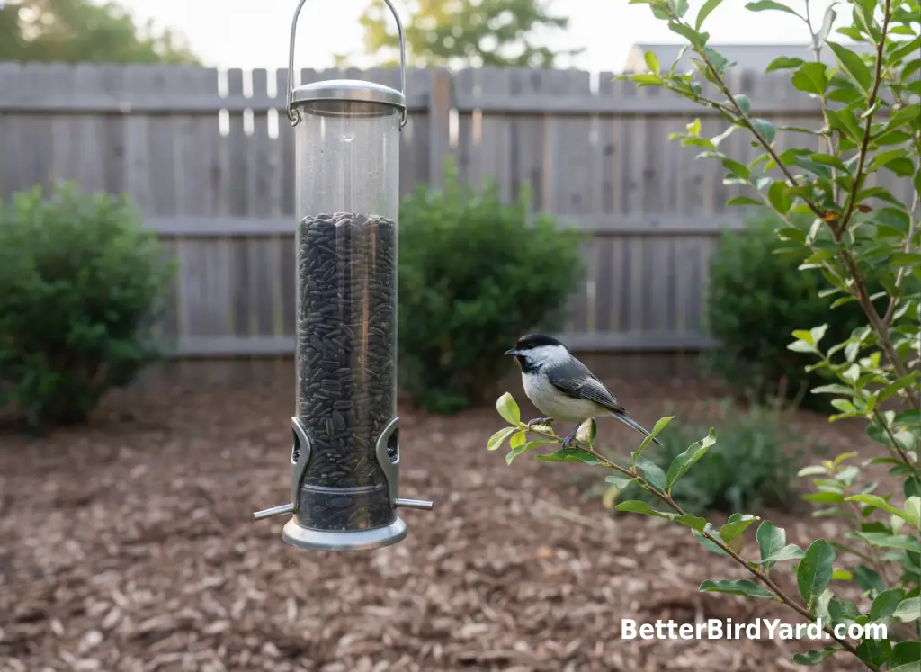 A clean tube feeder with sunflower seed hangs near shrubs in a summer backyard.